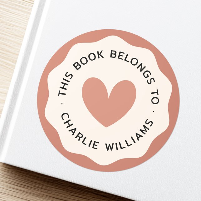 Heart wavy border terracotta cream library book classic round sticker (Heart wavy border terracotta cream library book classic round sticker)