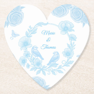 Heart Wedding 💙 Personalised Names Floral Paper Coaster