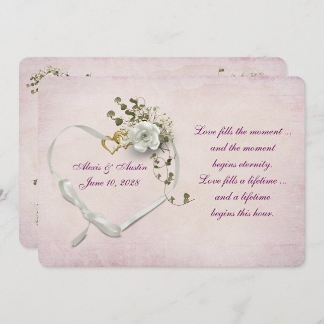 Heart wedding rings and ribbon invitation (Front/Back)