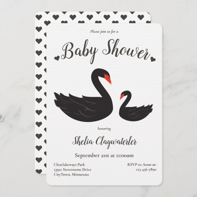 Heart White Black Swan Bird Animal Baby Shower Invitation (Front/Back)