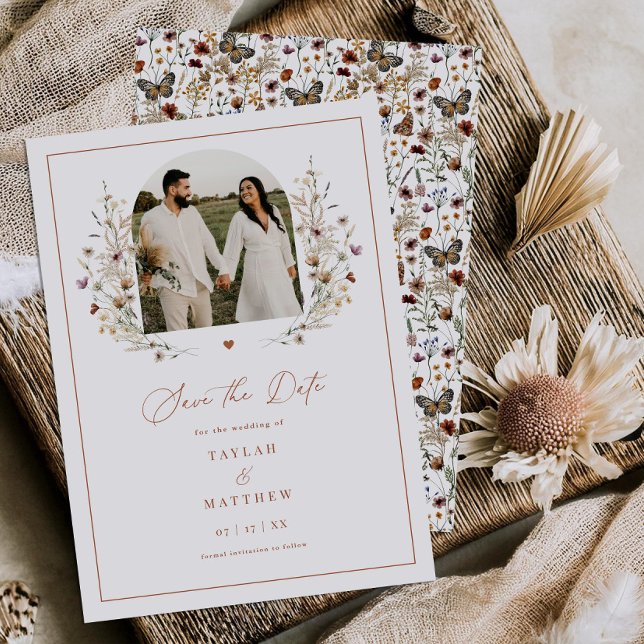 Heart Wildflower Save The Date Boho Photo Card (Creator Uploaded)