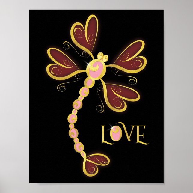 Heart-winged Dragonfly "Love" gold pretty design Poster (Front)