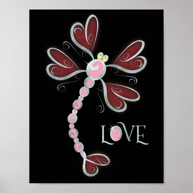 Heart-winged Dragonfly "Love" silver pretty design Poster (Front)
