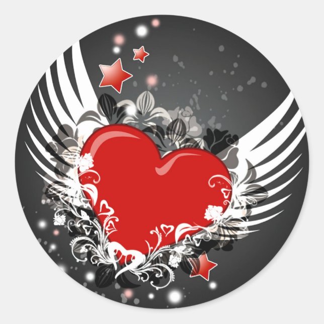 Heart & Wings Design Classic Round Sticker (Front)