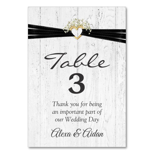 Heart with Black Ribbon On Whitewashed Wood  Table Number (Front)