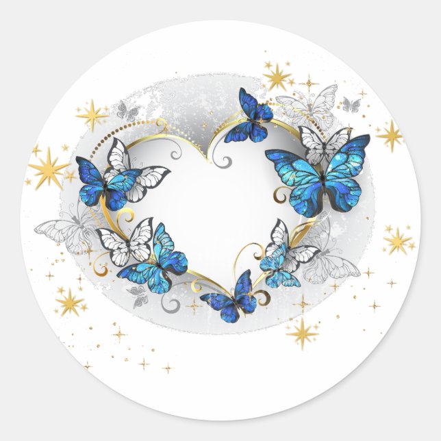 Heart with Butterflies Morpho Classic Round Sticker (Front)