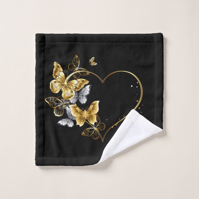 Heart with Golden Butterflies Bath Towel Set (Wash Cloth)