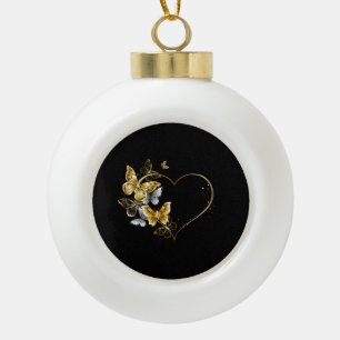 Heart with Golden Butterflies Ceramic Ball Christmas Ornament