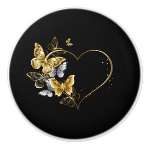 Heart with Golden Butterflies Ceramic Knob