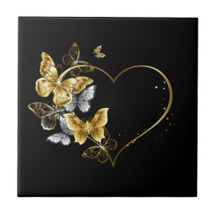 Heart with Golden Butterflies Ceramic Tile