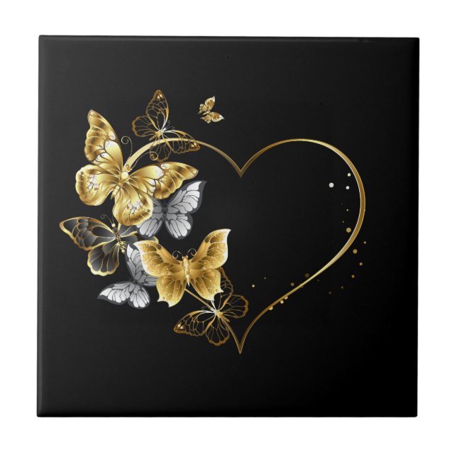 Heart with Golden Butterflies Ceramic Tile (Front)
