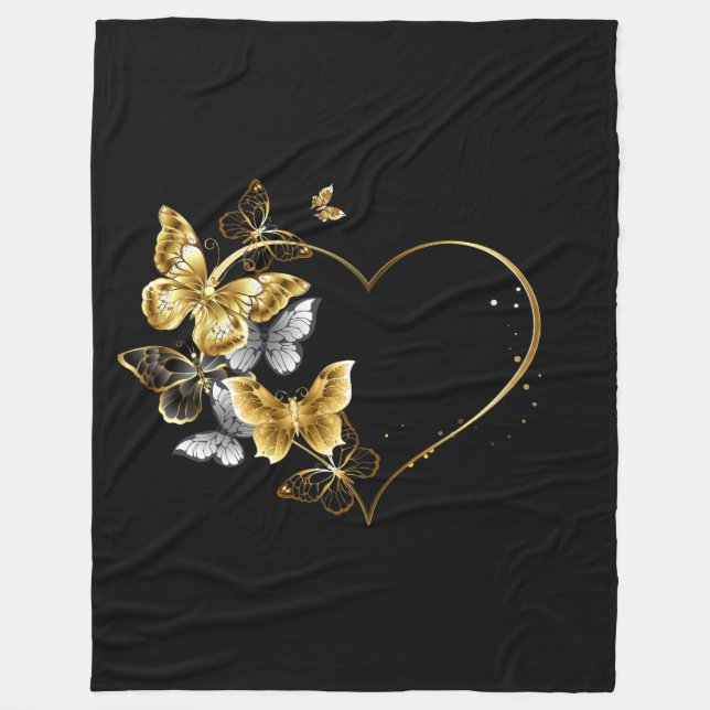 Heart with Golden Butterflies Fleece Blanket (Front)
