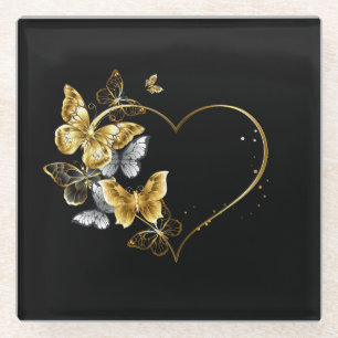 Heart with Golden Butterflies Glass Coaster