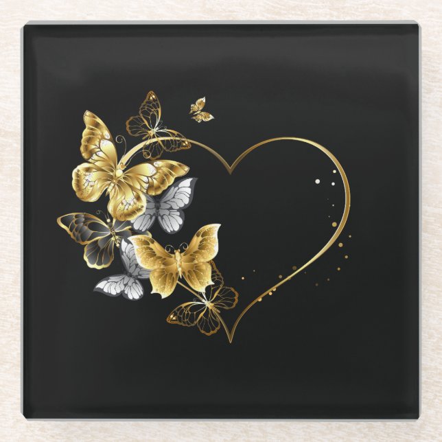 Heart with Golden Butterflies Glass Coaster (Front)