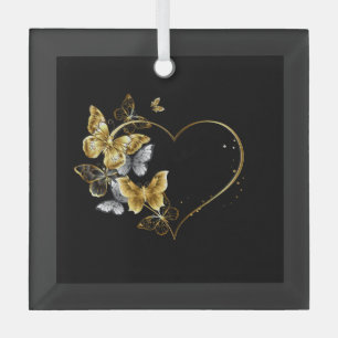 Heart with Golden Butterflies Glass Tree Decoration