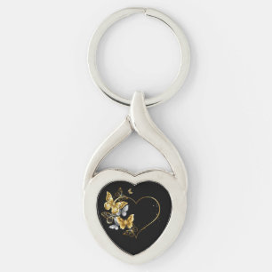 Heart with Golden Butterflies Key Ring