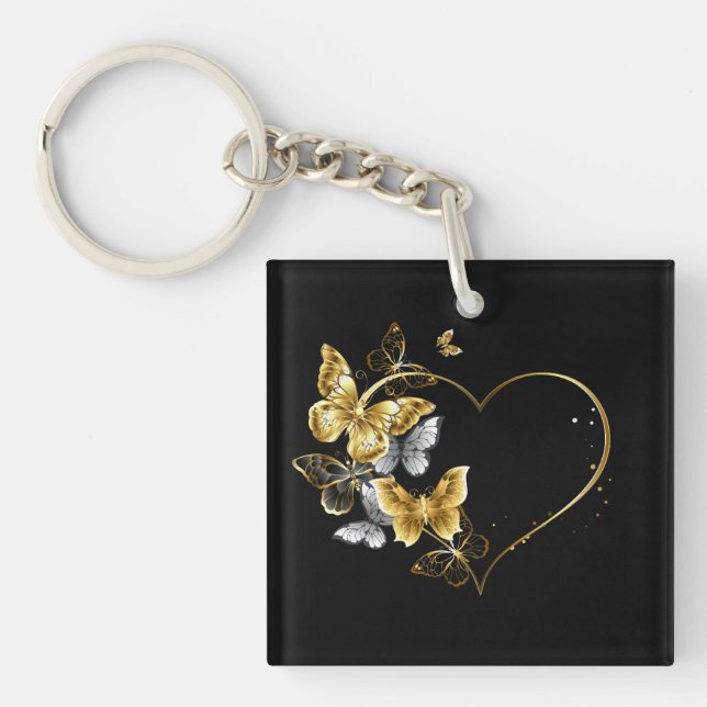 Heart with Golden Butterflies Key Ring (Front)