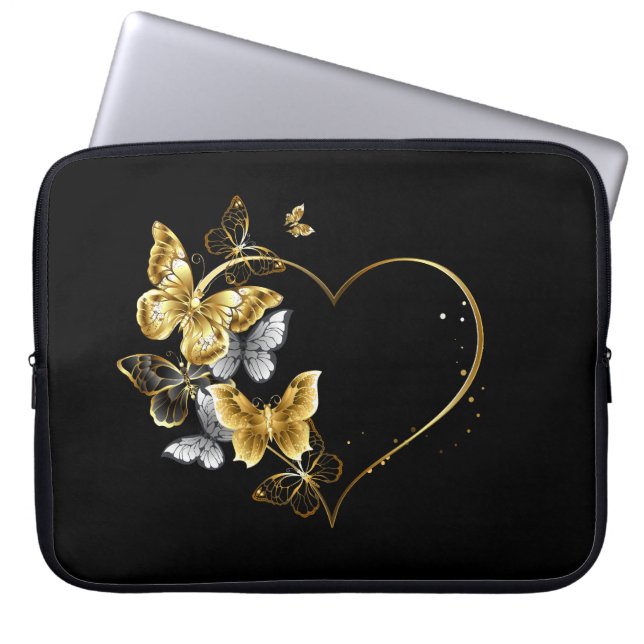 Heart with Golden Butterflies Laptop Sleeve (Front)