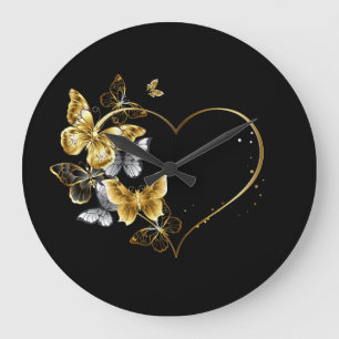 Heart with Golden Butterflies Large Clock