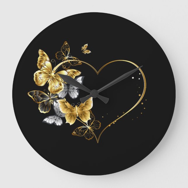 Heart with Golden Butterflies Large Clock (Front)