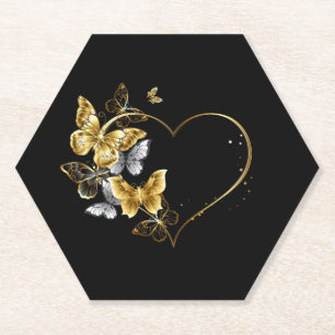 Heart with Golden Butterflies Paper Coaster