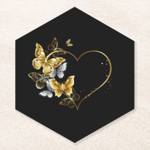Heart with Golden Butterflies Paper Coaster
