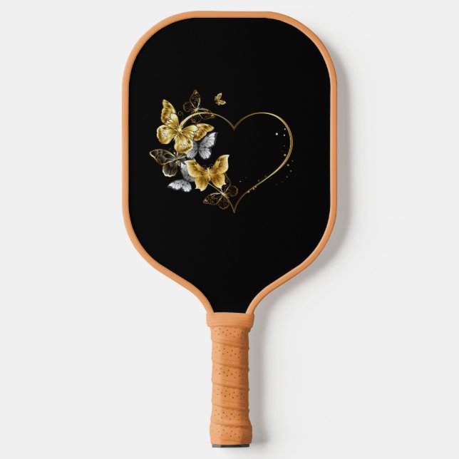 Heart with Golden Butterflies Pickleball Paddle (Front)