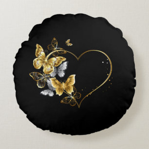 Heart with Golden Butterflies Round Cushion