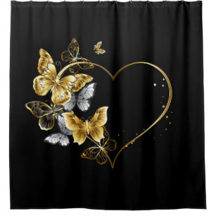 Heart with Golden Butterflies Shower Curtain