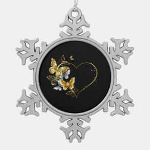 Heart with Golden Butterflies Snowflake Pewter Christmas Ornament