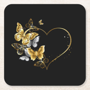 Heart with Golden Butterflies Square Paper Coaster