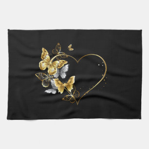 Heart with Golden Butterflies Tea Towel