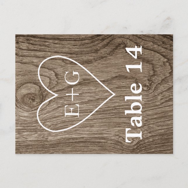 Heart with initials on wood wedding table number postcard (Front)