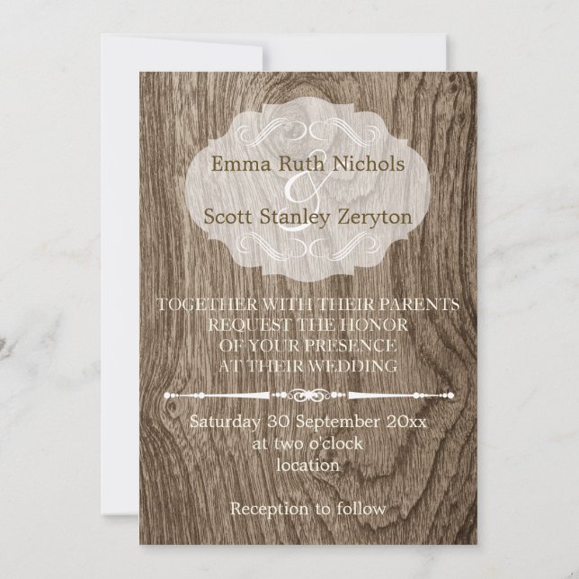 Heart with initials wood grain rustic wedding invitation (Back)