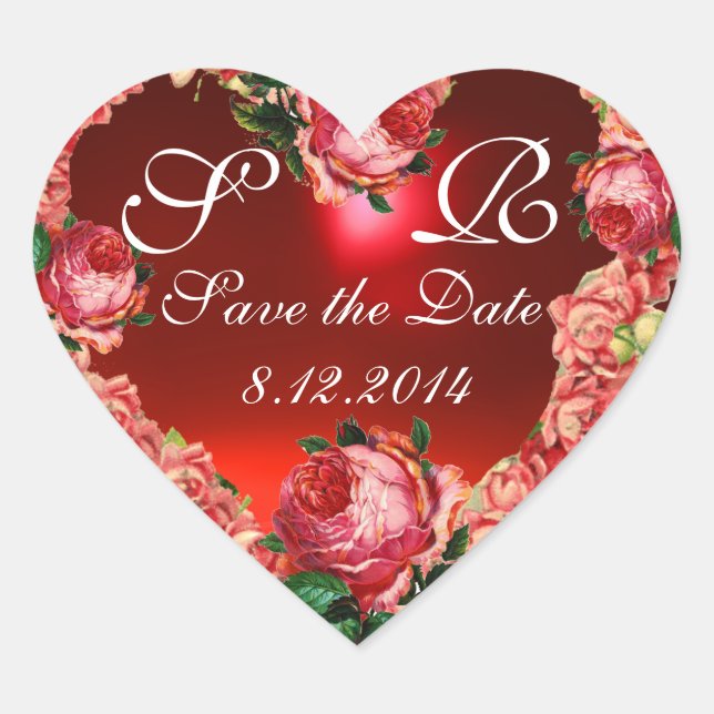 HEART WITH PINK ROSES SAVE THE DATE MONOGRAM HEART STICKER (Front)
