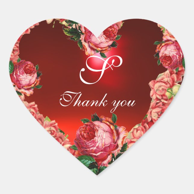 HEART WITH PINK ROSES THANK YOU MONOGRAM STICKER (Front)
