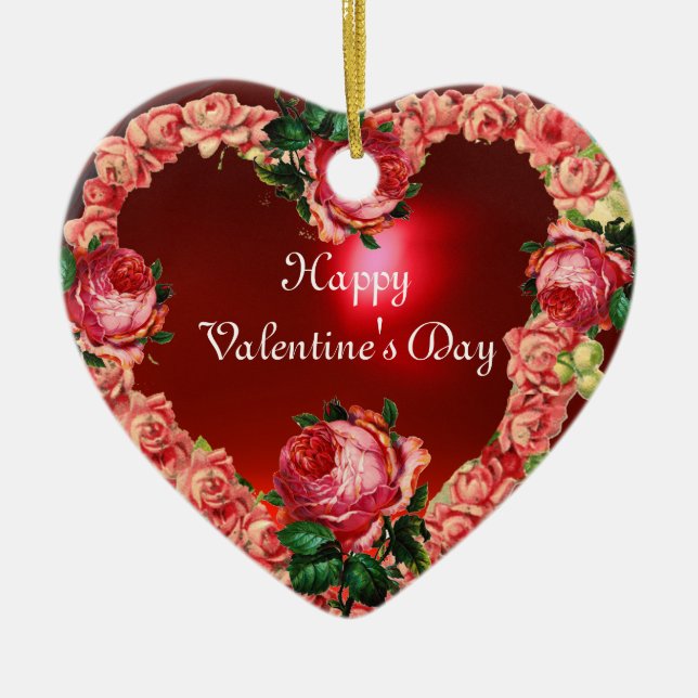 HEART WITH PINK ROSES VALENTINE'S DAY MONOGRAM CERAMIC ORNAMENT (Front)