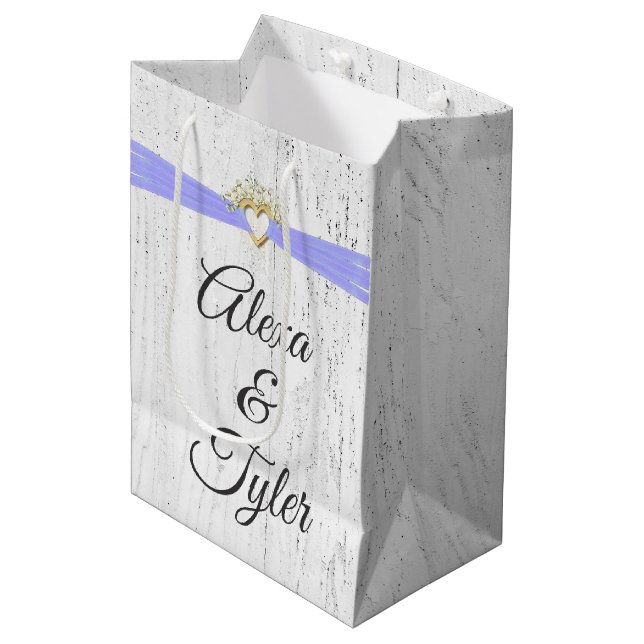 Heart with Purple Ribbon On Whitewashed Wood   Medium Gift Bag (Front Angled)