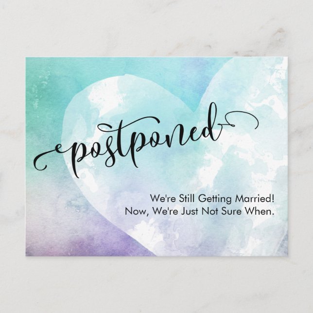 Heart with Purple & Turquoise Postponed Wedding Postcard (Front)