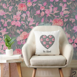 Heart with Romantic Black Striped Roses on White Cushion