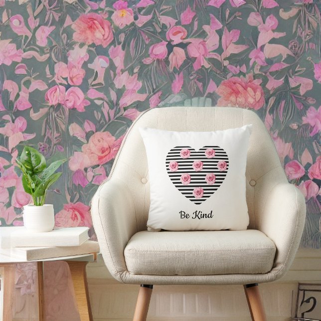 Heart with Romantic Black Striped Roses on White Cushion (Creator Uploaded)
