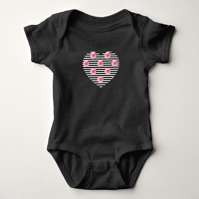 Heart with Romantic Pink Roses on Black Stripes Baby Bodysuit (Front)