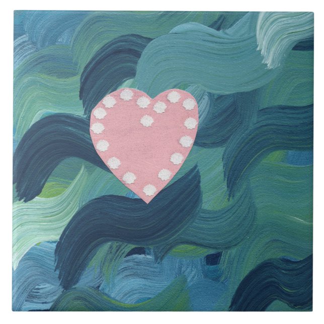 Heart with Seashells and Ocean Waves 2 Ceramic Tile (Front)