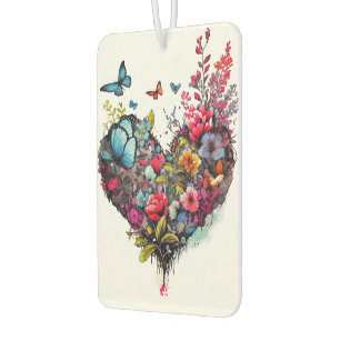 Heart with watercolor flowers and butterflies car air freshener