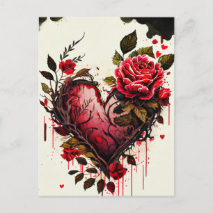 Heart with watercolor flowers red roses love card