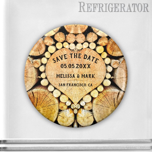 Heart Wood Rings Timber Save the Date Magnet (A Save the Date magnet featuring a heart shaped wood trunk with tree rings.)
