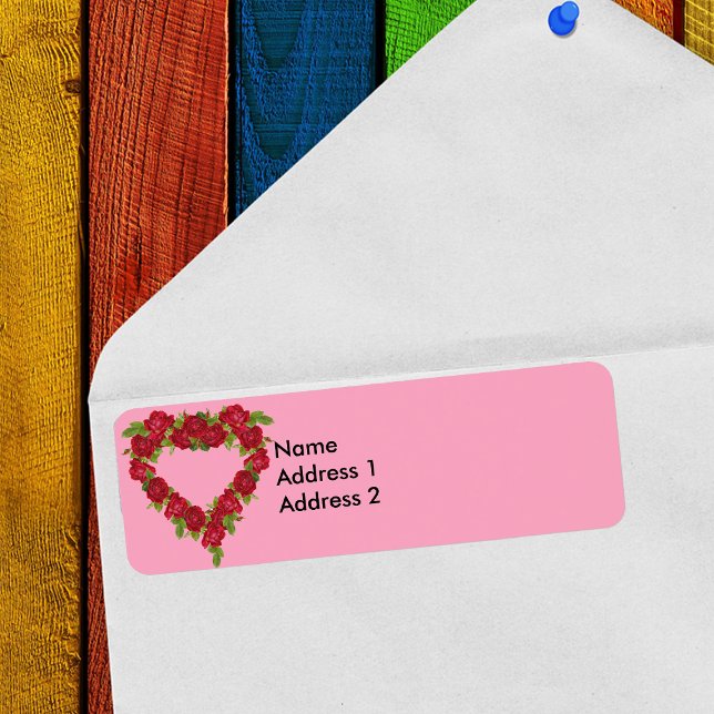 Heart Wreath Red Roses Return Address Label (Pretty heart shaped wreath of red roses on pink return address labels.)