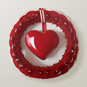 Heart Wreath with Bright Red Hearts Round Cushion