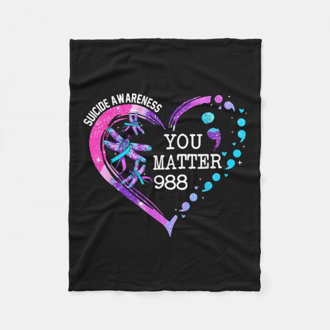 Heart You 988 Suicide Prevention Awareness Dragonf Fleece Blanket (Front)