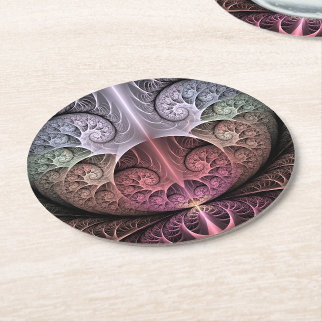 Heartbeat, Abstract Surreal Fantasy Fractal Art Round Paper Coaster (Angled)